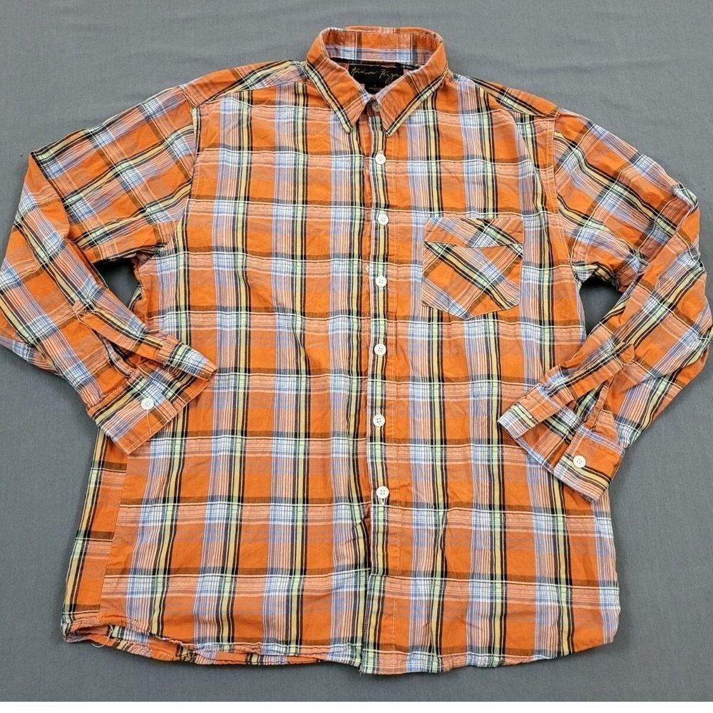 Andrew Fezza Womens Large Orange Plaid Button Up Shirt 100% Cotton Long Sleeve